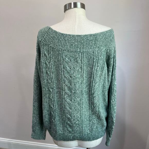 Abercrombie & Fitch Green Cable Knit Sweater Off the Shoulder Chunky Knit Sz XL - Picture 2 of 7